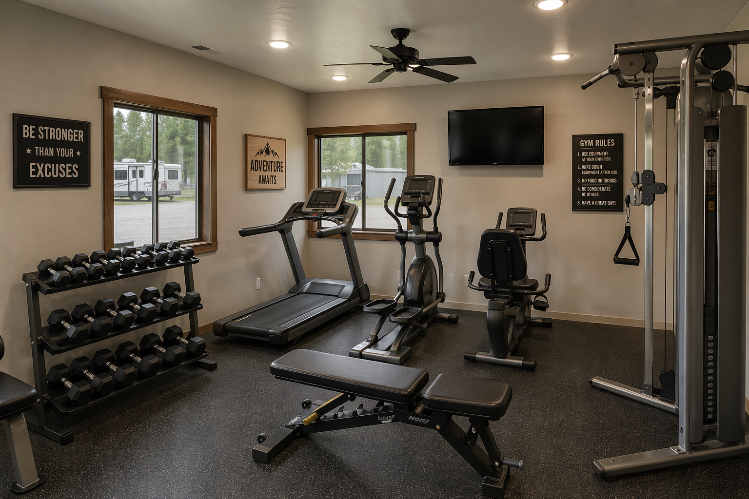 On-site gym with treadmill, stationary bikes, weights, and cable machine